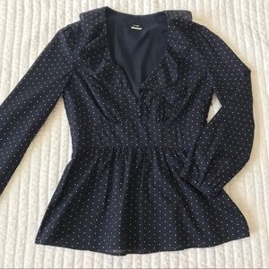 J Crew Navy Polka Dot Peplum Blouse with Ruffles 0